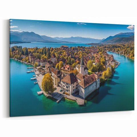 French Alps Canvas Prints - Scenic Village on a Tranquil Lake in Autumn