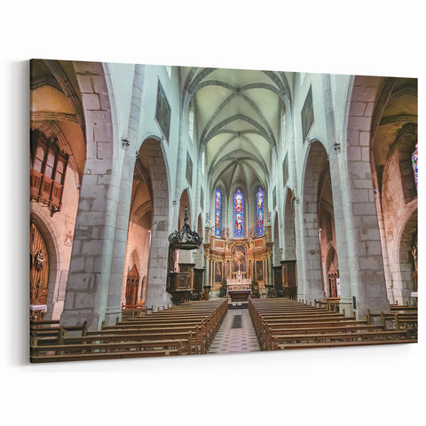 French Alps Wall Art - Historic Church Interior with Stained Glass Windows