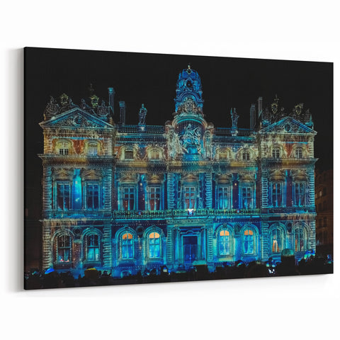 Lyon Cityscape Print - Festival of Lights Blue Illumination on Hôtel de Ville