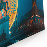 Lyon Skyline Painting – Vibrant Ferris Wheel and Louis XIV Statue at Night