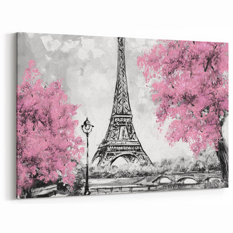 Paris Canvas Prints - Romantic Eiffel Tower with Pink Blossoms Art