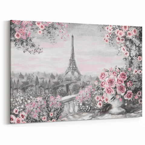 French Wall Decor - Paris Cityscape with Floral Rose Garden Art
