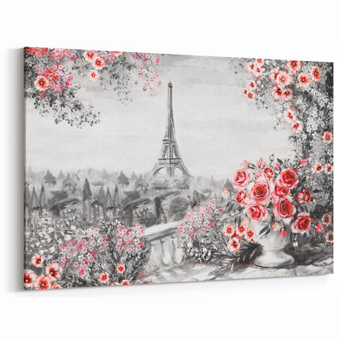 Paris Photography - Eiffel Tower with Red Floral Garden Wall Art