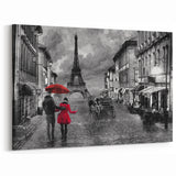 Romantic Paris Art - Eiffel Tower in Rainy Street Scene with Red Umbrella