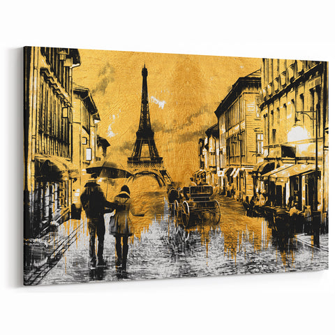 French Wall Decor - Eiffel Tower Street Scene in Gold and Black Tones