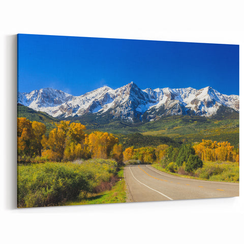 Aspen Scenic Canvas Art - Golden Autumn Trees with Snowy Colorado Peaks