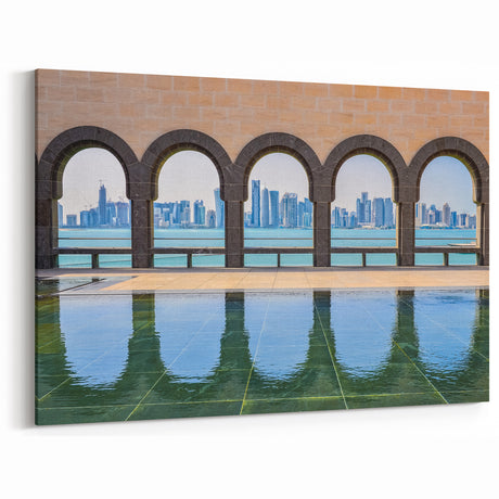 Middle Eastern Art - Doha Skyline Through Arches Canvas Print