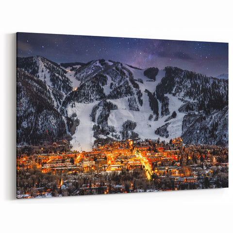 Aspen Mountain Wall Decor - Night City Lights and Snowy Ski Slopes
