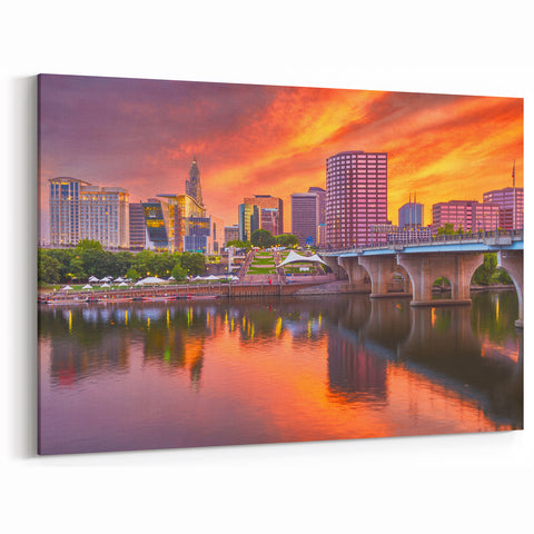 Connecticut Scenery Prints - Hartford Skyline with Fiery Sunset Canvas Art