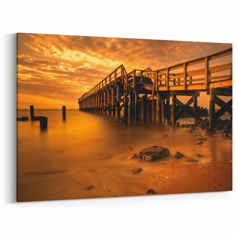 Delaware Coastal Art – Golden Sunset over Pier Scenic Canvas Print