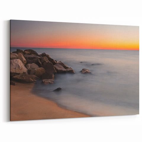 Delaware Coastal Art – Serene Sunset Over Rocky Shoreline Canvas Print