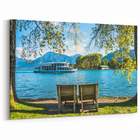Bavarian Scenery Art - Peaceful Lake and Boat with Mountain View