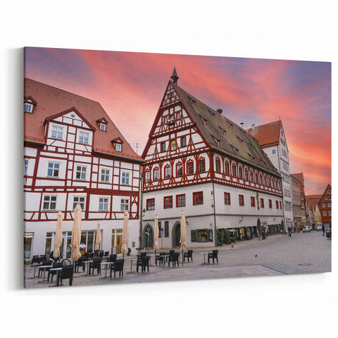 Bavarian Scenery Art – Half-Timbered Buildings and Sunset Sky