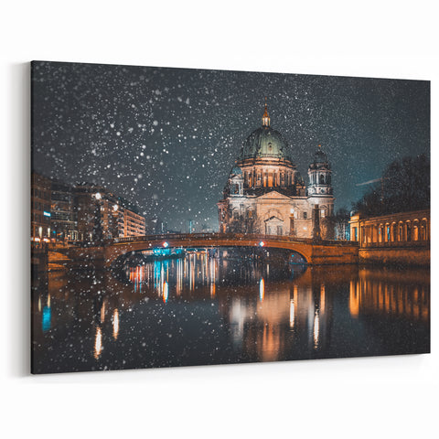 Berlin Cityscape - Berlin Cathedral Night Scene with Winter Snowfall