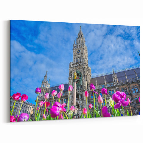 Bavaria Art Prints - Scenic Munich New Town Hall with Spring Tulips
