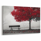 Red Tree and Bench Art - Peaceful Autumn Landscape Wall Decor Print