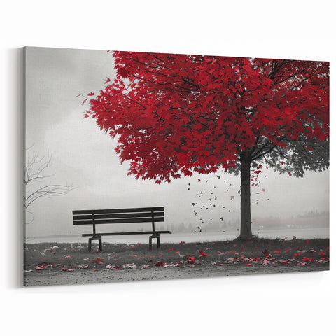 Red Tree and Bench Art - Peaceful Autumn Landscape Wall Decor Print