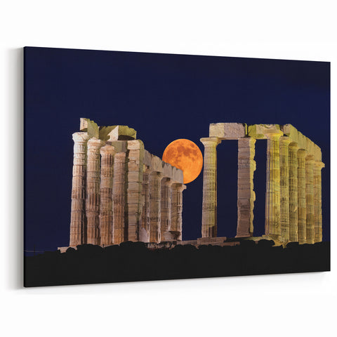 Ancient Greek Decor - Temple of Poseidon Canvas with Full Moon View