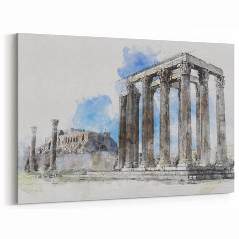 Athens Skyline Prints - Watercolor Acropolis and Temple of Zeus Canvas
