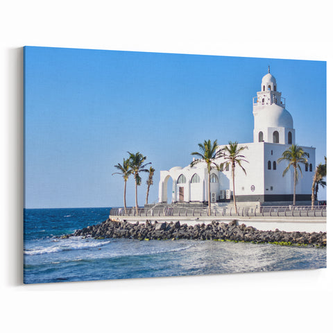 White Seaside Mosque Art - Saudi Arabian Mosque by the Sea Scenic Print