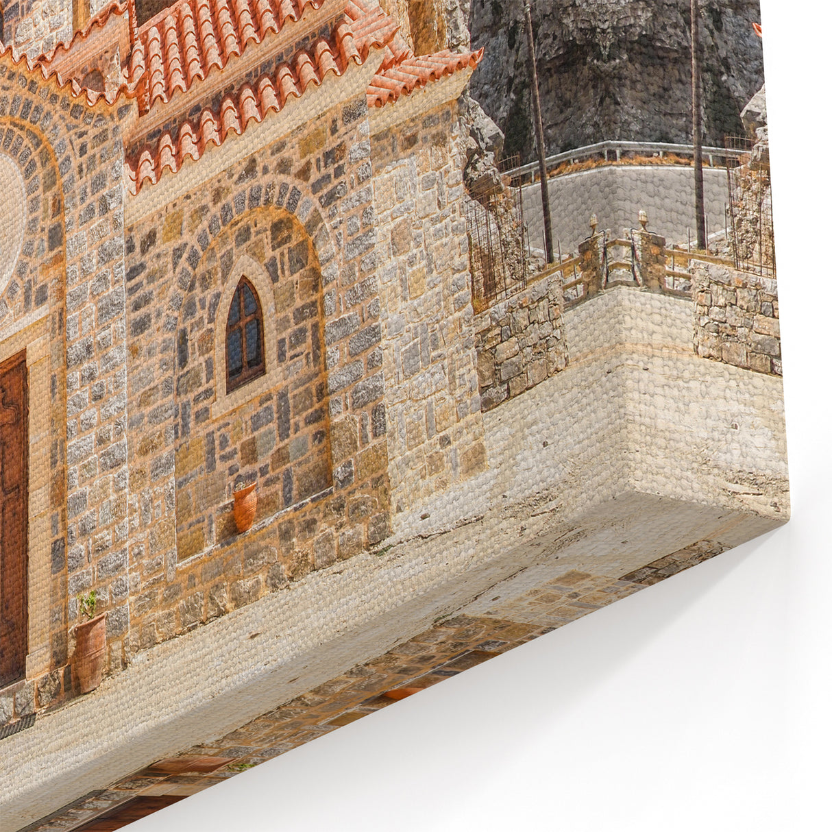 Crete Framed Art - Stone Chapel Nestled in Rocky Crete Landscape Print