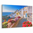 Crete Canvas Prints - Greek Village with Colorful Flowers and Sea View