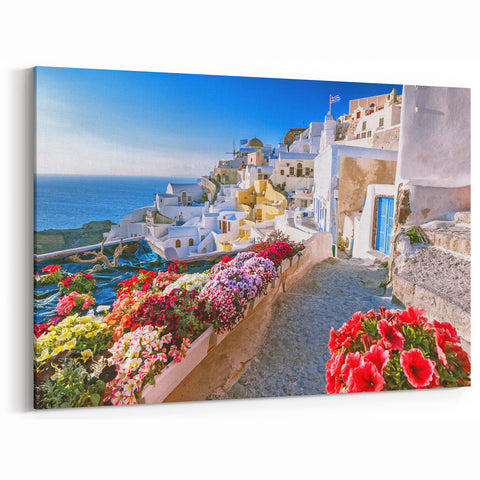 Crete Canvas Prints - Greek Village with Colorful Flowers and Sea View