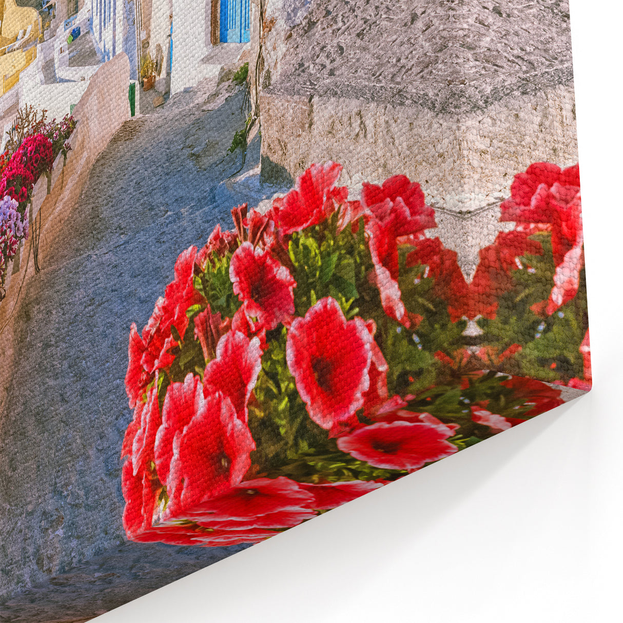 Crete Canvas Prints - Greek Village with Colorful Flowers and Sea View