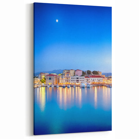 Crete Photography Art - Evening Waterfront Scene with Starry Sky Print