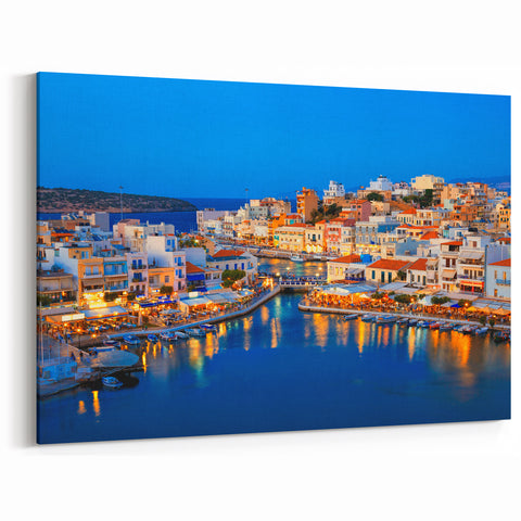 Crete Photography Art - Evening Lights Over Agios Nikolaos Bay Canvas