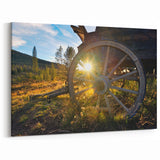 Vail Colorado Wall Art - Rustic Wagon Wheel with Sunburst Landscape