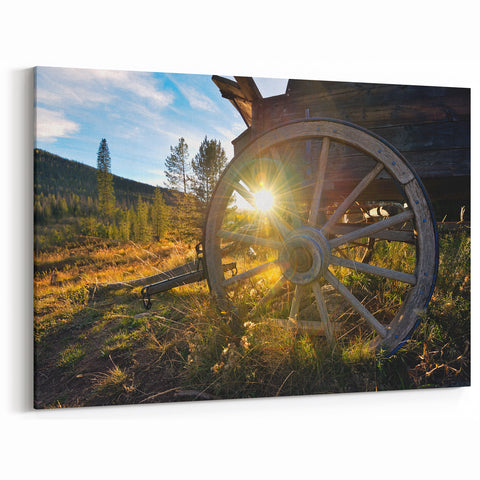 Vail Colorado Wall Art - Rustic Wagon Wheel with Sunburst Landscape