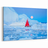 Polar Region Wall Art - Red Sailboat Under Full Moon in Arctic