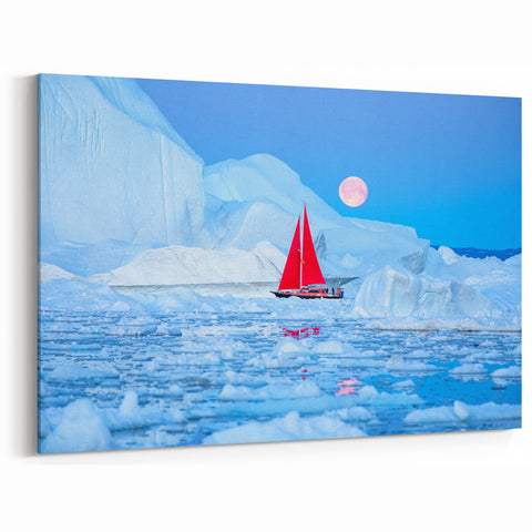 Polar Region Wall Art - Red Sailboat Under Full Moon in Arctic