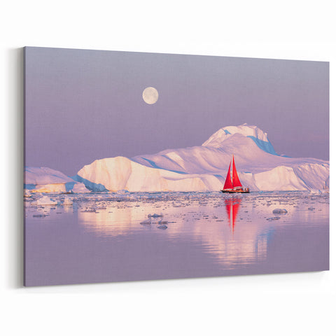 Greenland Nature Canvas - Red Sailboat with Arctic Ice and Full Moon