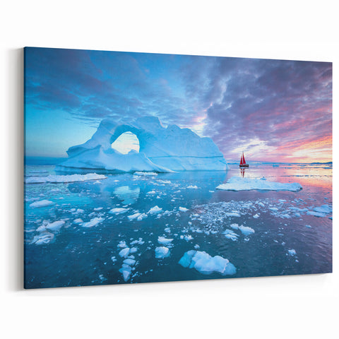 Greenland Iceberg Prints - Arctic Ice Arch and Sailboat Sunset Decor