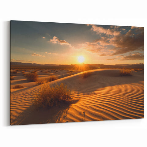 Golden Desert Sunset Art - Captivating Canvas Prints Featuring Scenic Sand Dunes