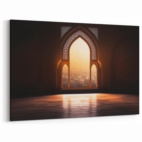 Illuminated Arabic Window Art - Captivating Canvas Prints Featuring Cityscape View