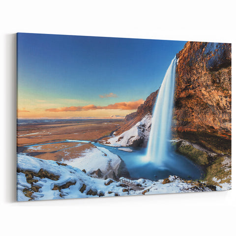 Iceland Landscape Art – Seljalandsfoss Winter Waterfall Canvas