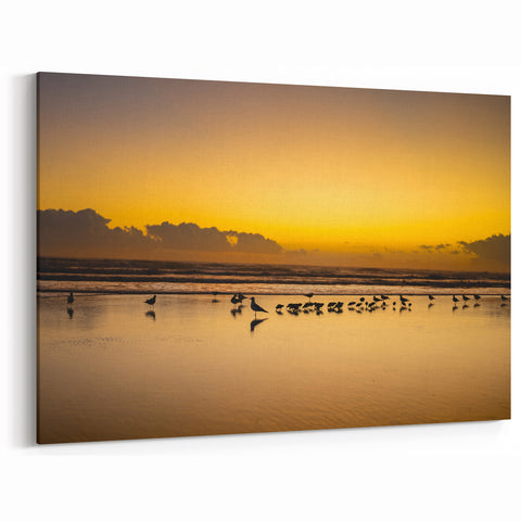 Golden Sunrise with Birds - Serene Coastal Daytona Beach Art on Canvas