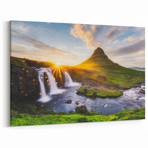 Iceland Landscape Art - Kirkjufell Mountain and Waterfall at Sunset Canvas