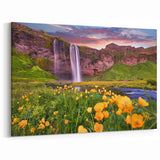 Iceland Waterfall Art - Seljalandsfoss with Wildflowers Canvas Print