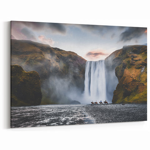 Iceland Photography - Horse Riders at Skógafoss Waterfall Canvas Print