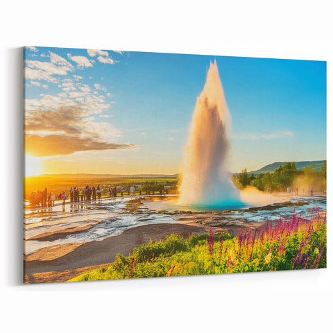 Iceland Scenery Art - Geysir Eruption at Sunset Iceland Canvas Print