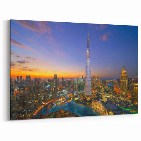 Burj Khalifa Wall Art - Dubai Skyline Canvas with Sunset Cityscape Print