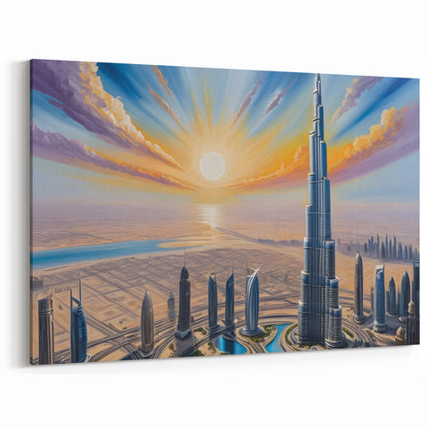 Dubai Skyline Canvas - Vibrant Sunrise Over Burj Khalifa Modern Art Print