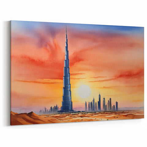 Desert Sunset Art - Dubai Skyline with Burj Khalifa Modern Wall Print