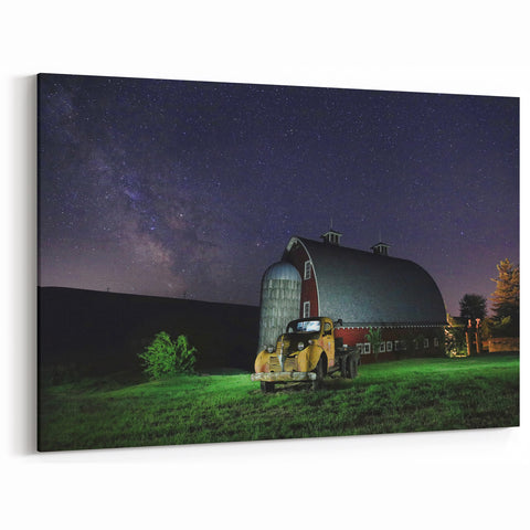 Palouse Region Art – Night Sky Over Rustic Barn and Vintage Truck