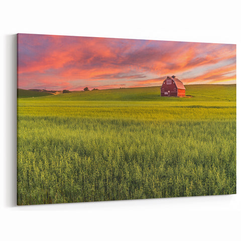 Palouse Washington Artwork - Red Barn at Sunset on Canvas or Acrylic
