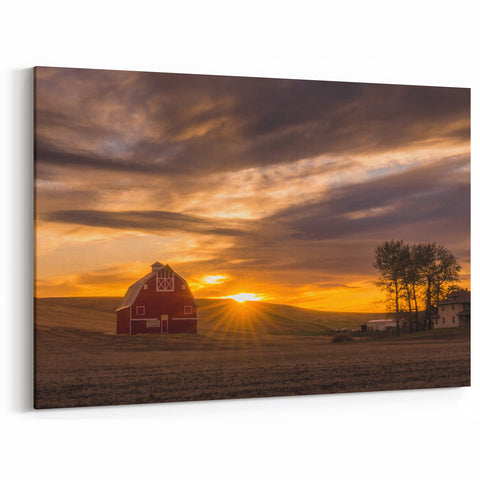 Palouse Photography Canvas - Red Barn Sunset in Washington Landscape